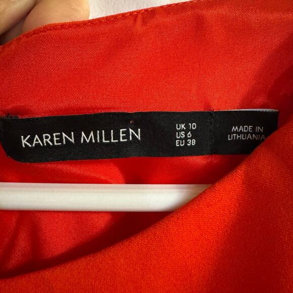 Karen Millen Pleated Belted A-line Crepe Dress Coral Red Size 6 Classic - Picture 8 of 9